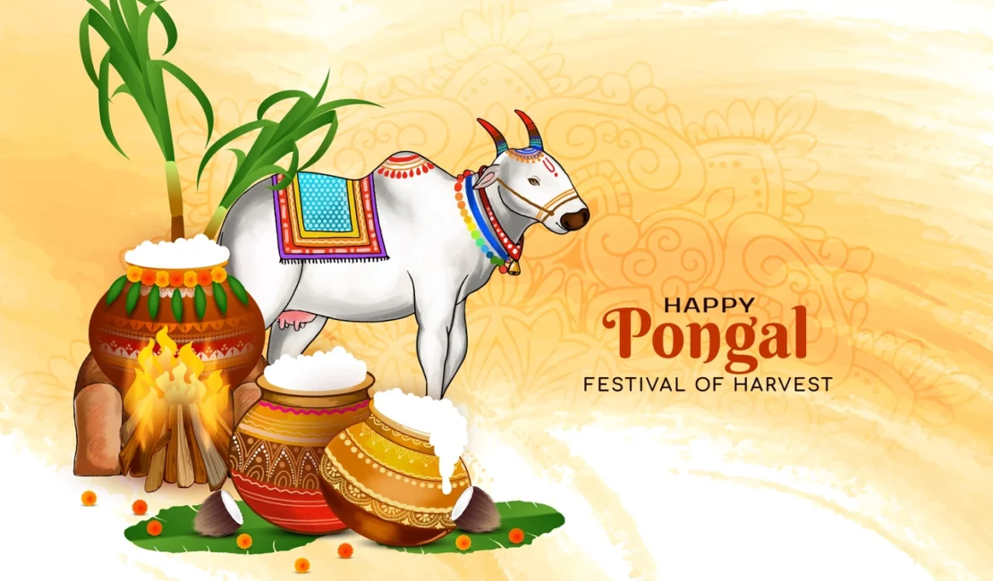 Happy Pongal 2026 wishes with traditional Pongal pot and festive decorations
