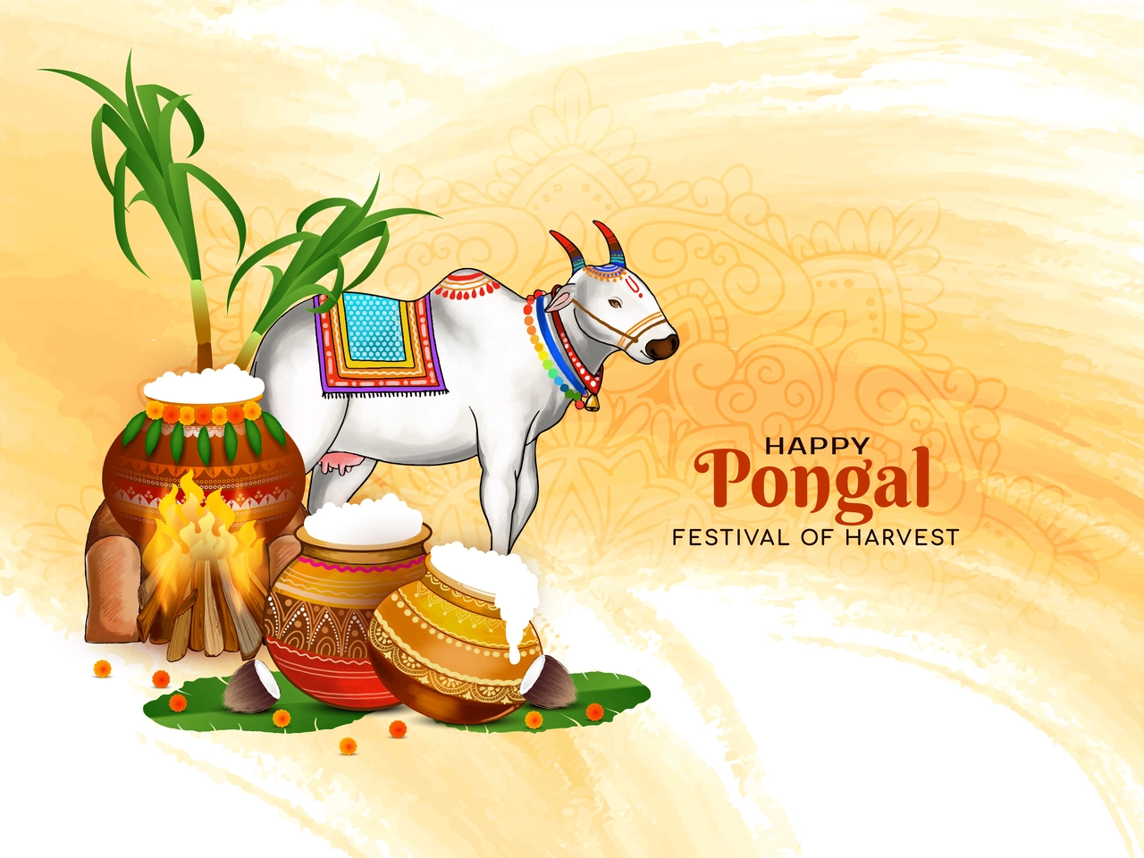 Happy Pongal 2026 wishes with traditional Pongal pot and festive decorations